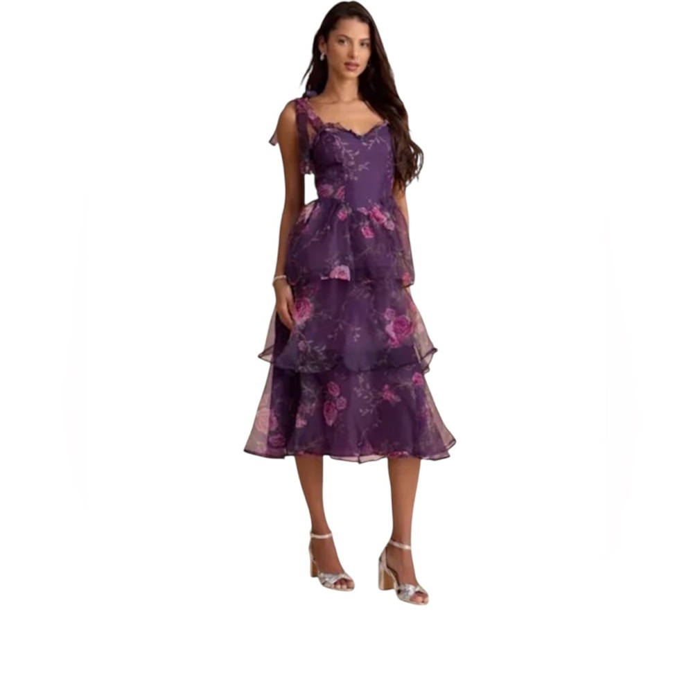 NWT Fairytale Cutie Purple Floral Tie-Strap Tiered Midi Dress Sz‎ XS, S